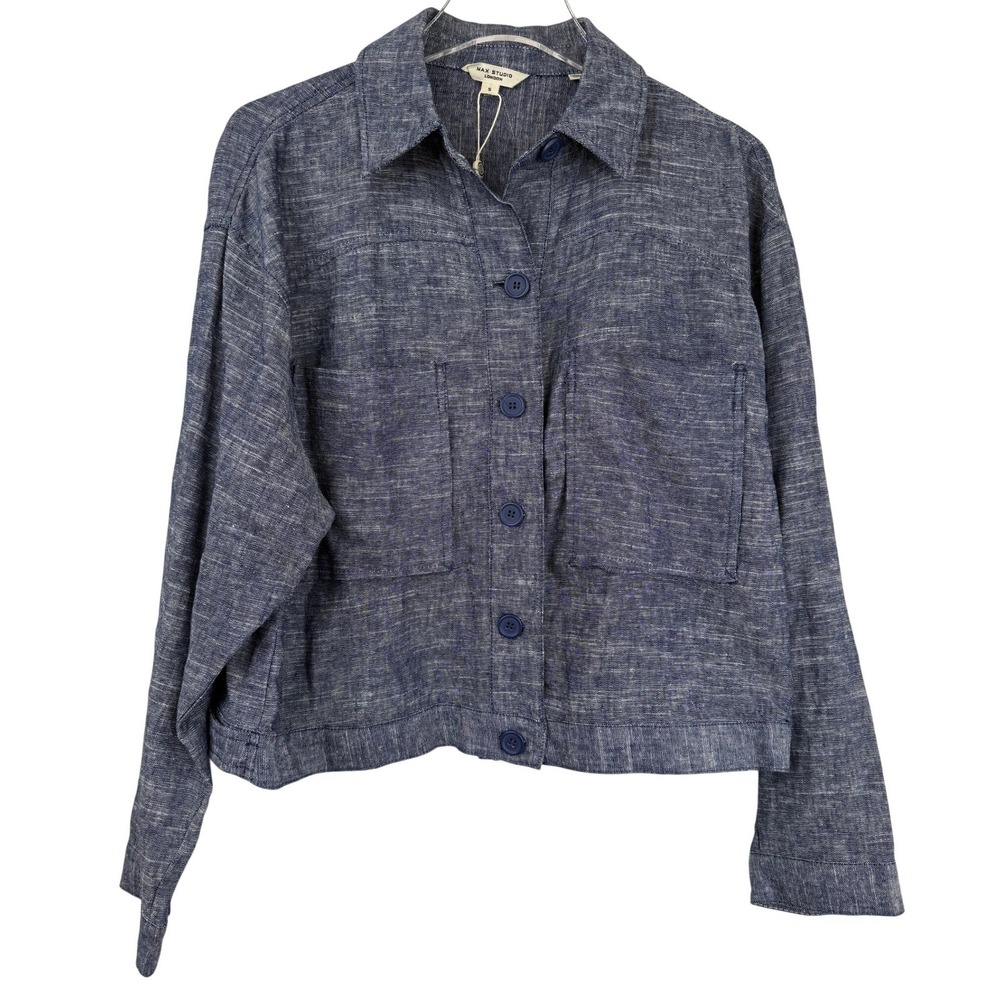 NEW Max Studio London Linen Blend Button Jacket Women S Blue Utility Shacket